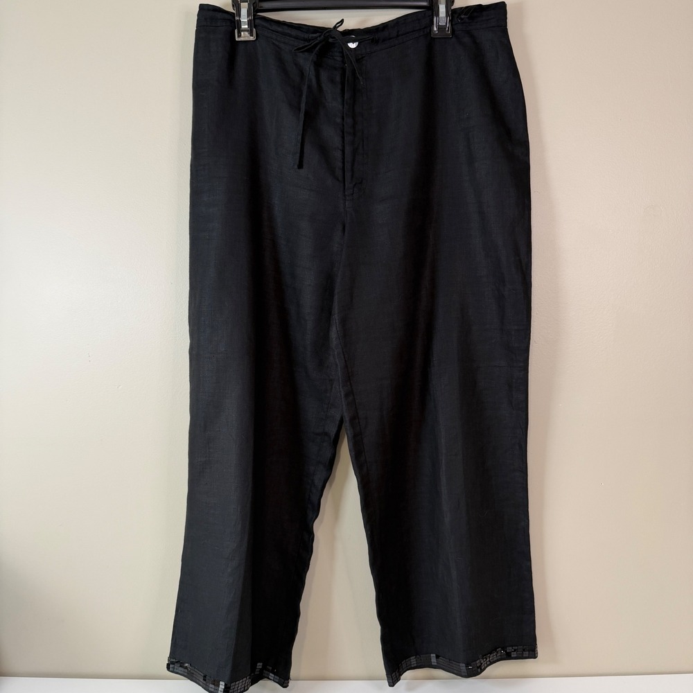 Debra DeRoo Linen Pants M Sequin Hem Wide Leg Cropped Relax Fit Elevated Luxury